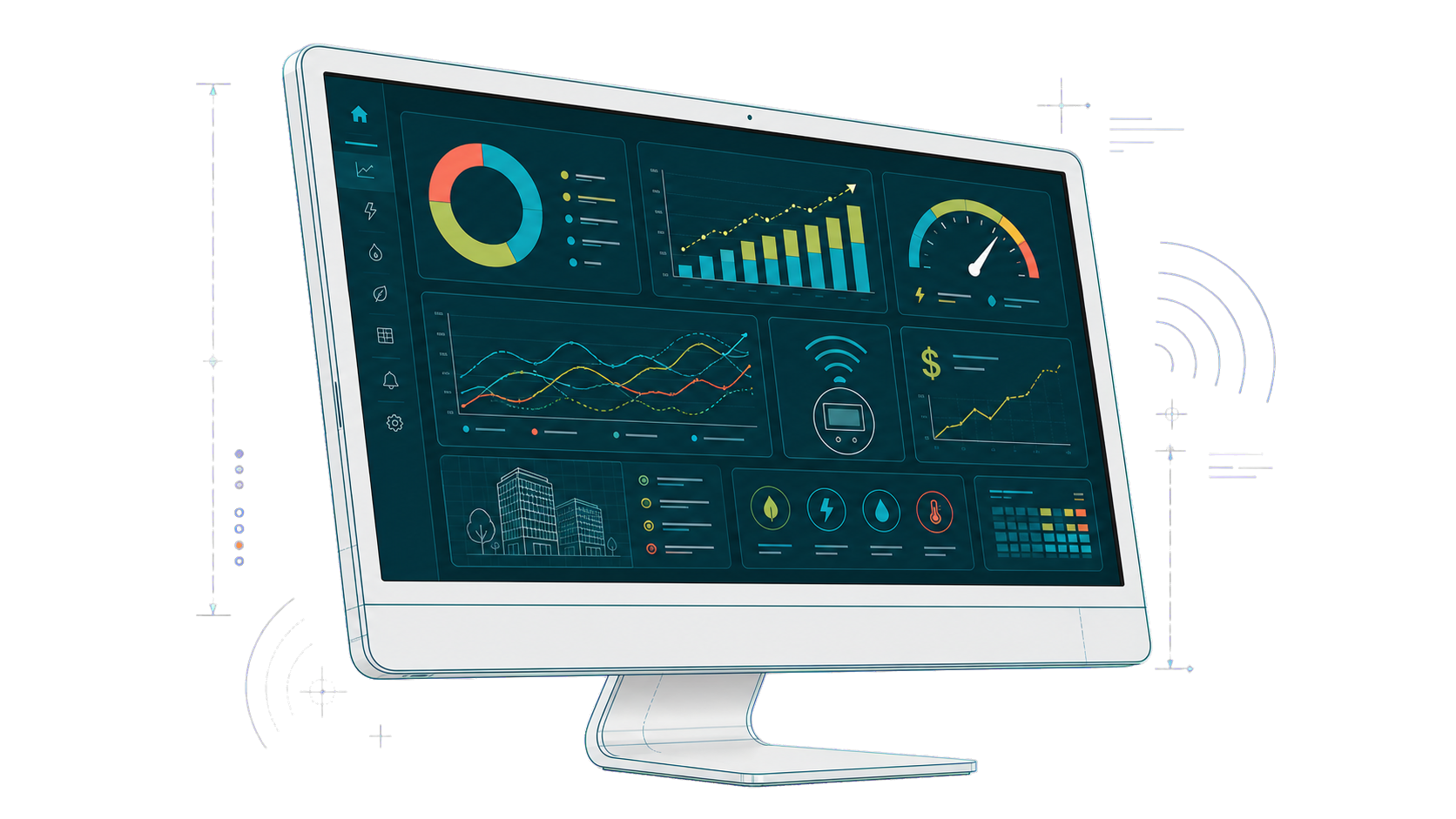 Angled desktop illustration showing the EcoNOC energy and financial performance dashboard