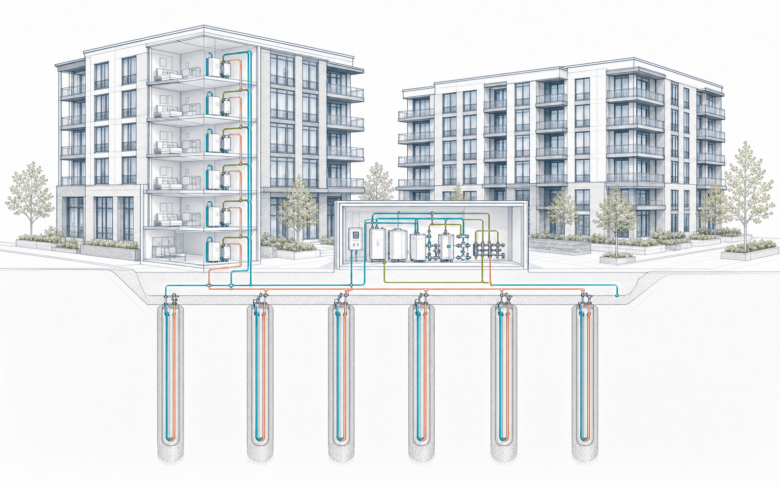 Blueprint cutaway of a district GeoGrid geothermal system serving multifamily buildings