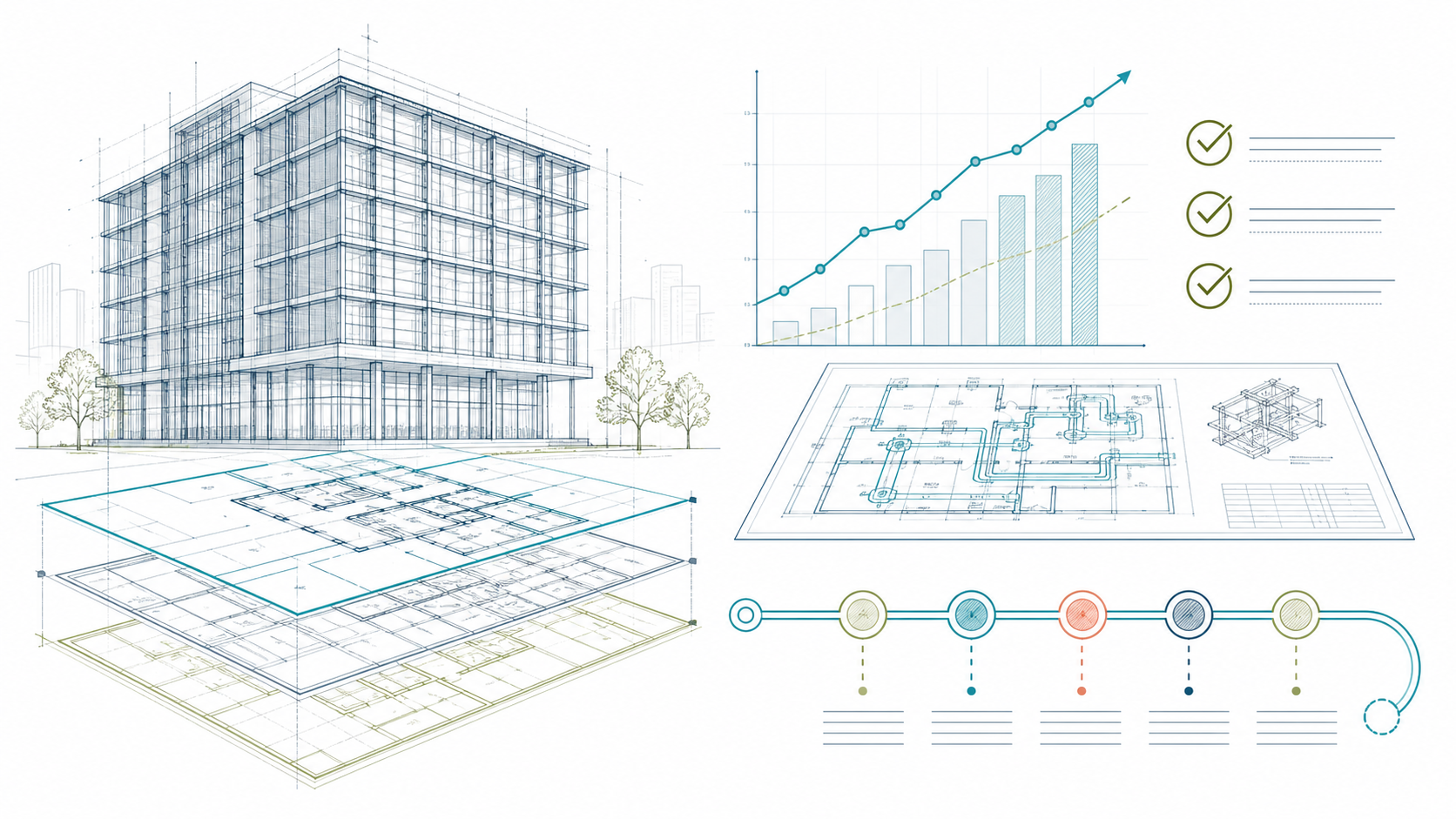 Blueprint drawing of building planning and performance advisory