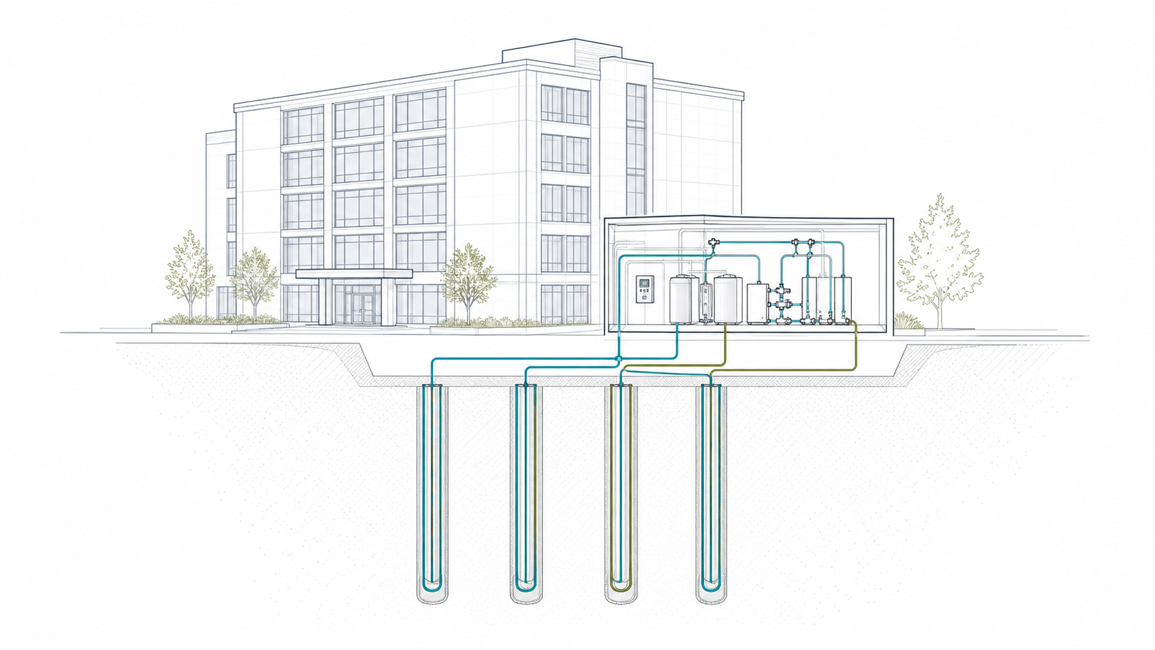 Blueprint drawing of a GeoGrid geothermal system