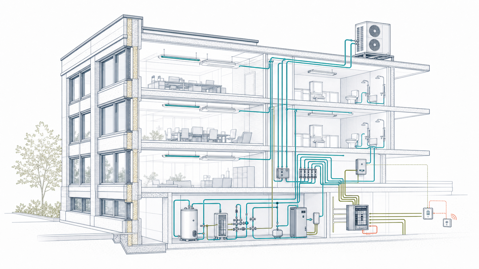 Blueprint drawing of a commercial building efficiency retrofit