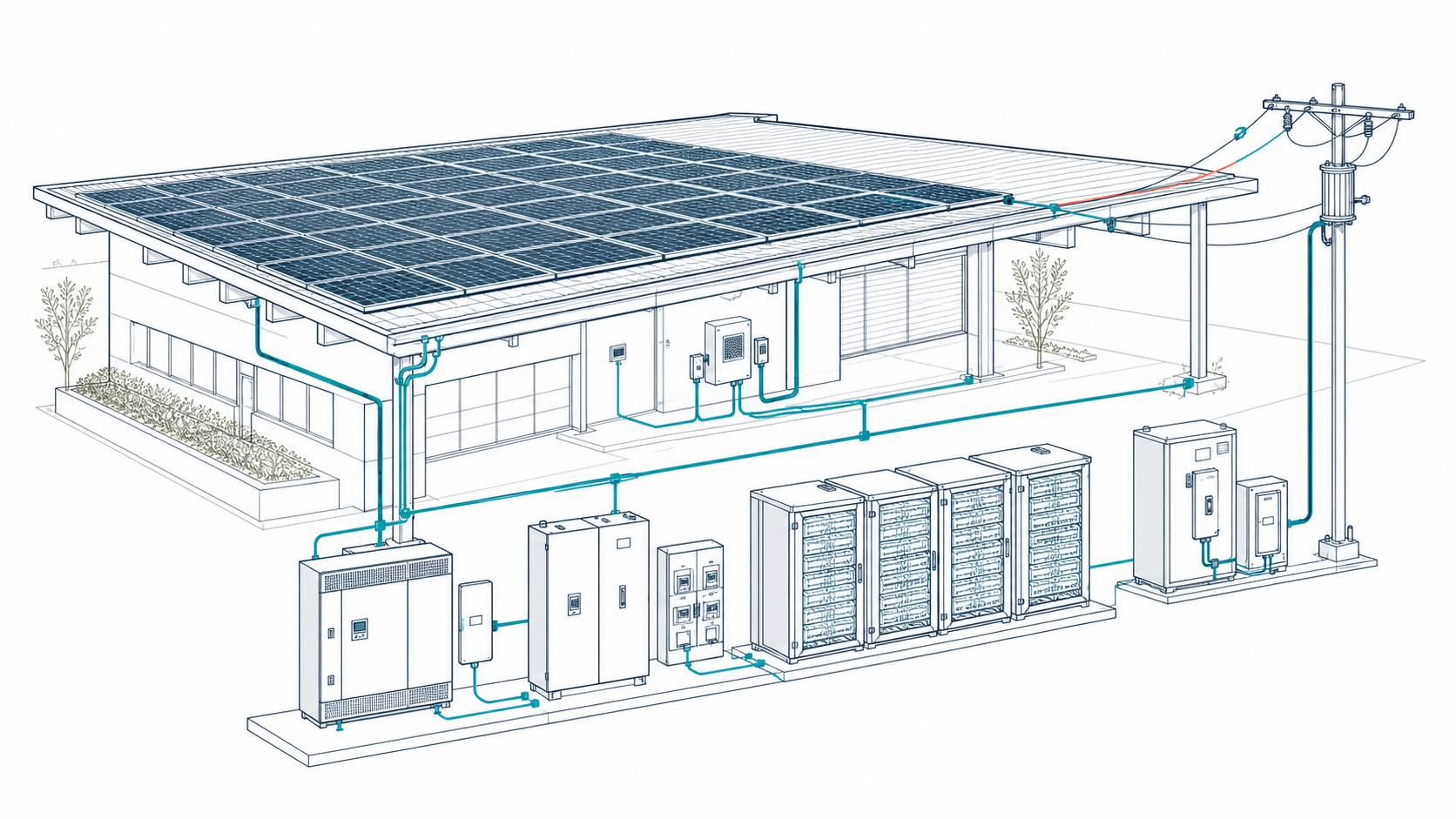 Blueprint drawing of rooftop solar and energy storage