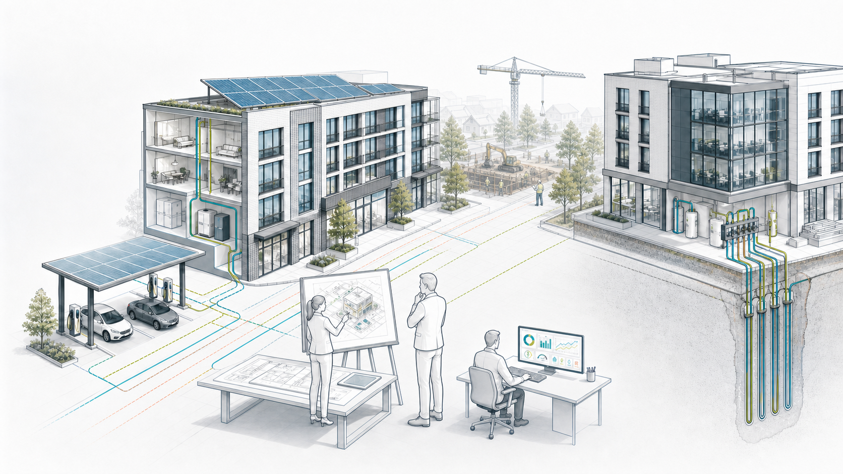 Integrated EcoSmart neighborhood blueprint showing solar, EV charging, efficiency systems, geothermal infrastructure, design planning, construction management, and EcoNOC performance monitoring