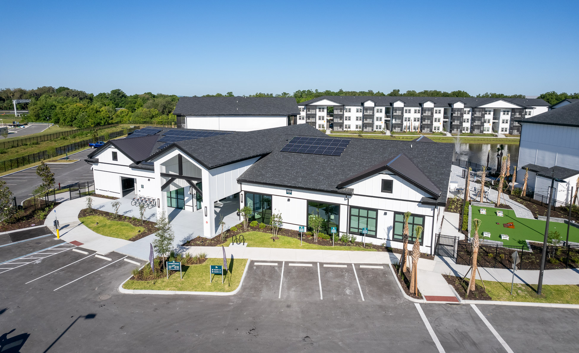 NOVO Avian Pointe clubhouse and multifamily buildings viewed from above