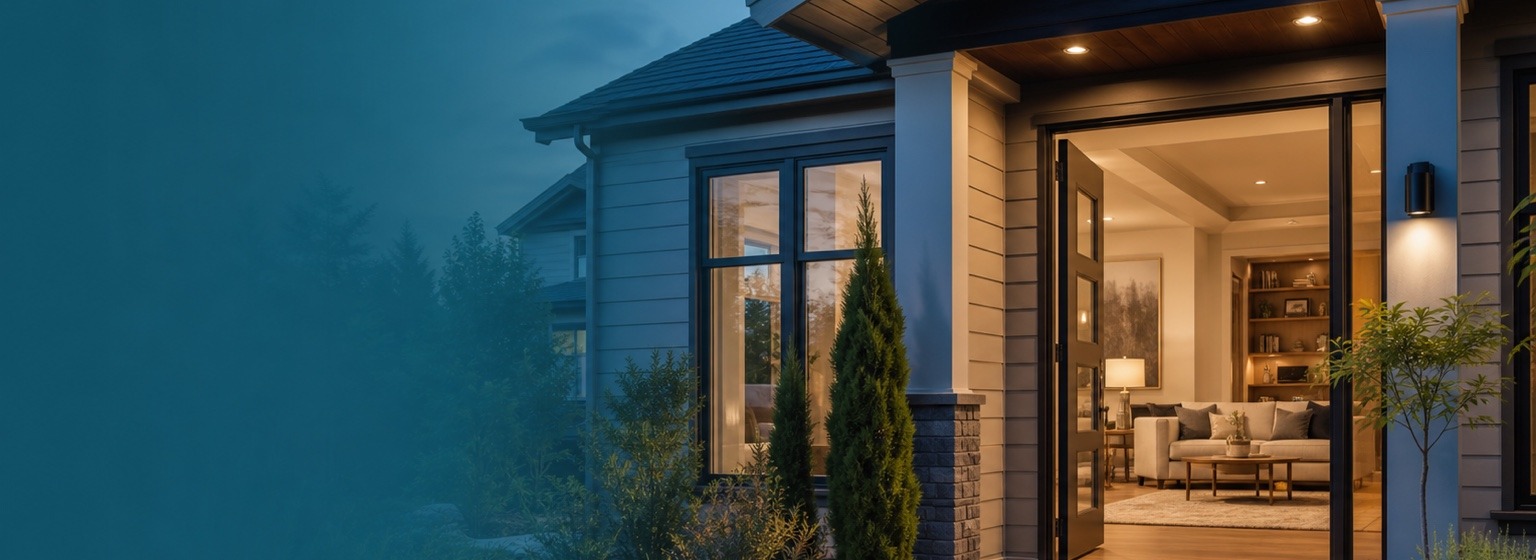 Open front door to a warmly lit living room in a single-family home