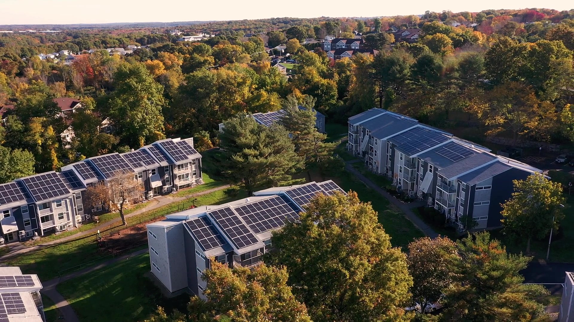 South Winds multifamily community and rooftop solar in autumn